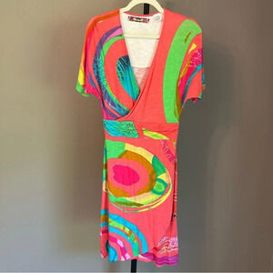 Desigual V Wrap Short Sleeve Dress Coral Small Colorful Artsy Beach Vacation